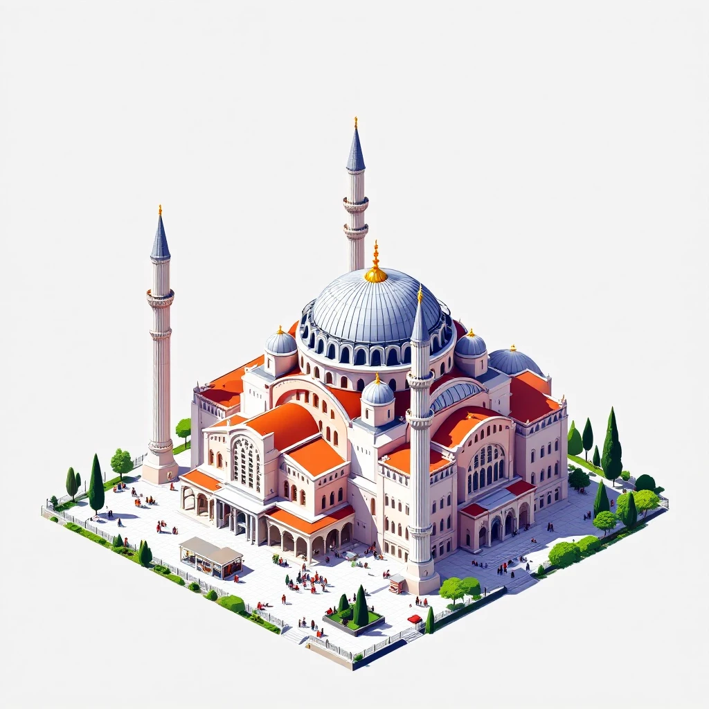 Isometric illustration of Istanbul, featuring real photorealistic Hagia Sophia with ts large central dome and four tall minarets, transparent background emoji