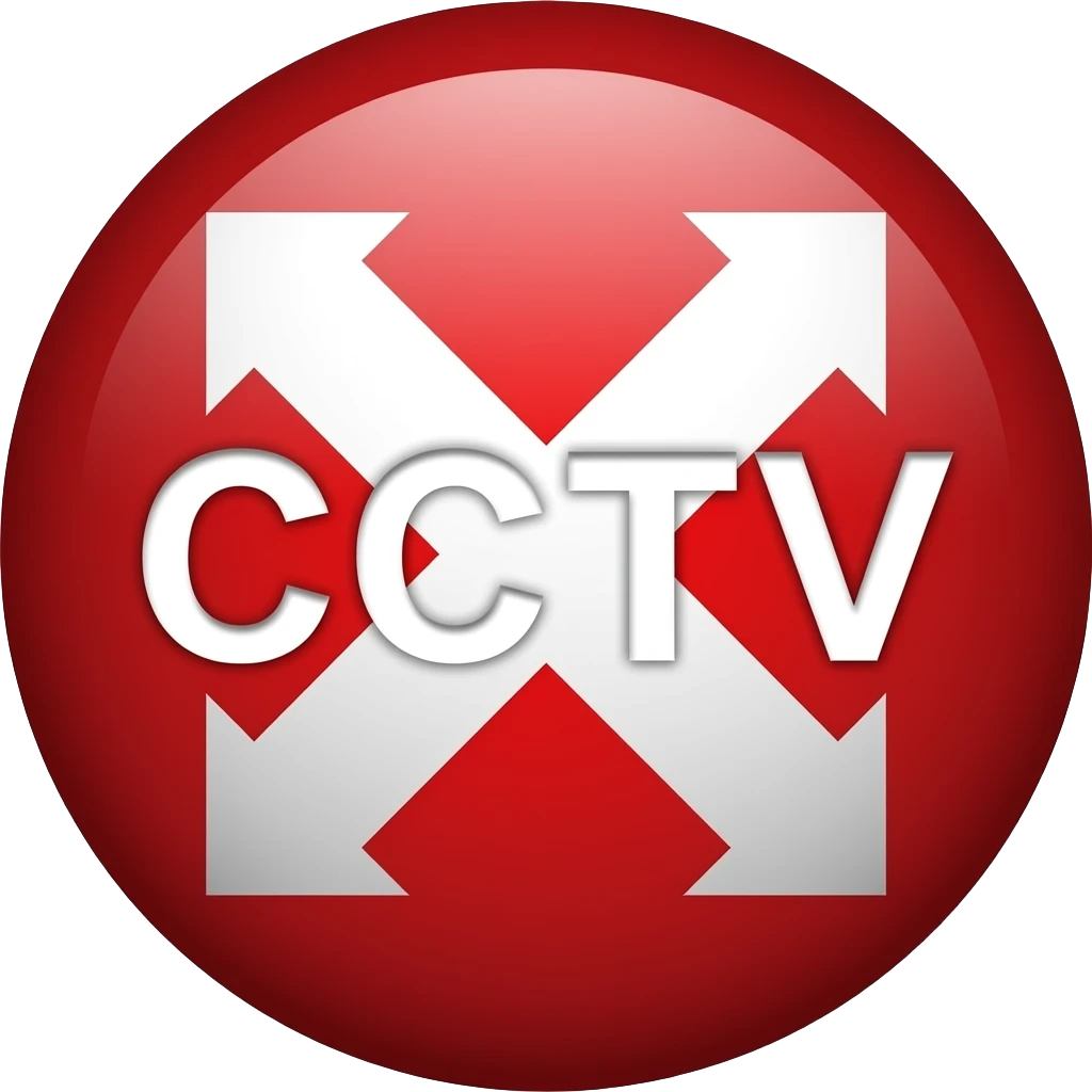 Red filled circle with white X and arrow end points on the X. CCTV word in the centre emoji