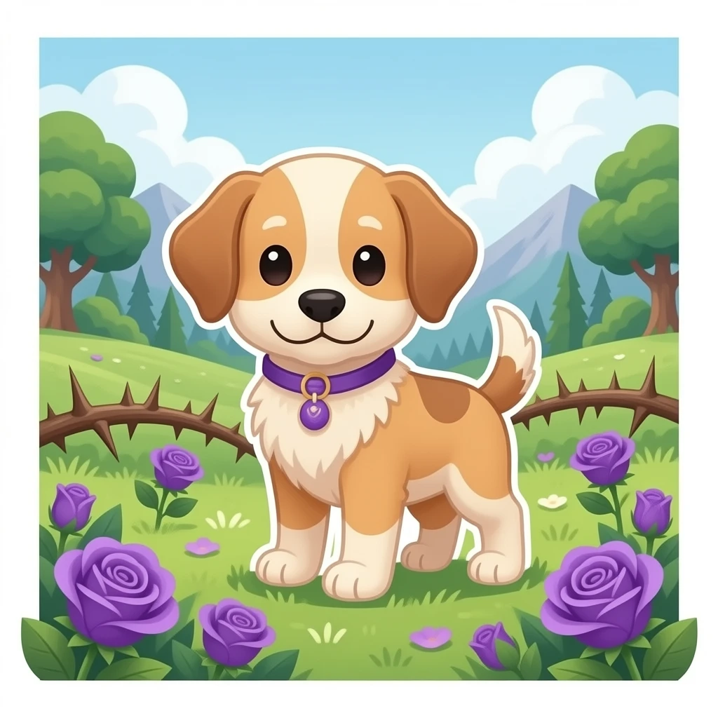 Out line of Cute puppies with purple roses and valley of thorns emoji