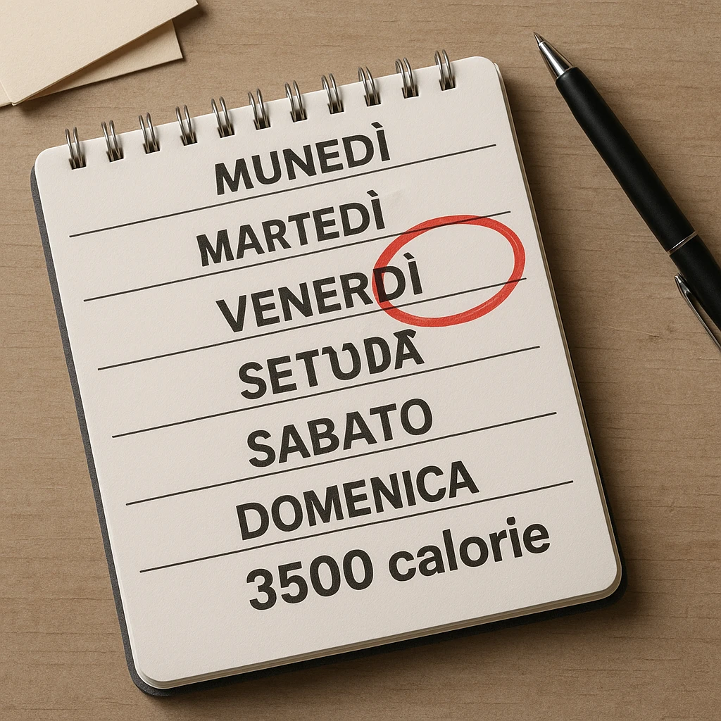 Hyperrealistic top-down view of a weekly calendar in Italian, showing days from Monday to Sunday. Friday is circled in red. Below both Saturday and Sunday, the text '3500 calorie' is clearly visible. The scene has 4K details and a desk atmosphere. emoji