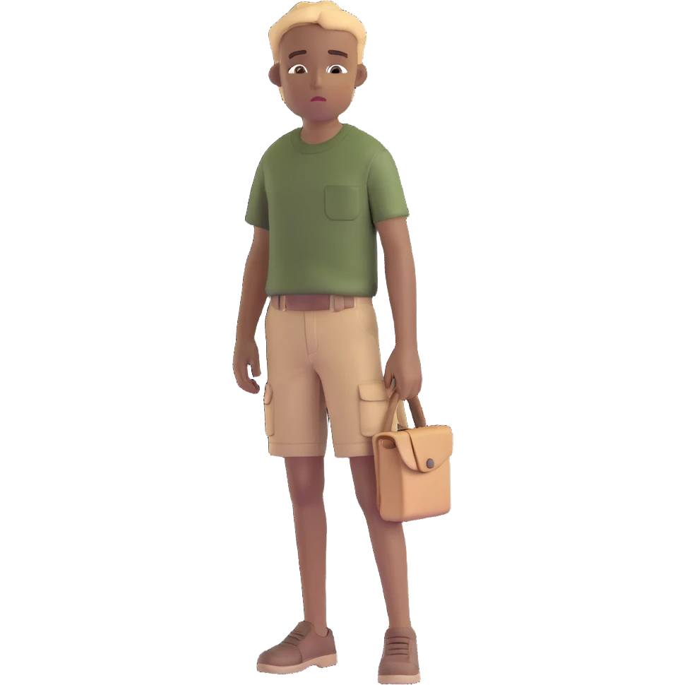 boy wearing an olive-green shirt over a brown T-shirt with beige cargo shorts emoji