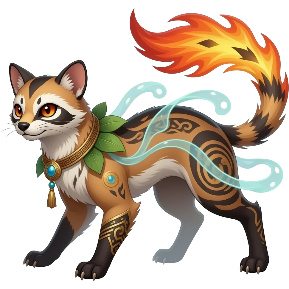 Tribal-patterned unique epic legendary vintage antique elemental aesthetic quadrupedal elegant oriental feral painted Civet-Litten-Luxray-Sprigatito-Furret-Sylveon-animal-Fakémon-fusion-hybrid-creature emoji