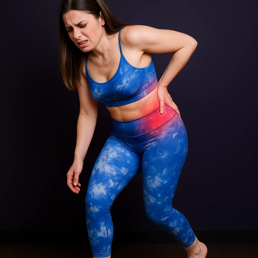A slender woman in 4K, walking with a limp, hand supporting the left hip, acute pain expression, hip and lower back with reddened areas, inspired by the reference photo. emoji