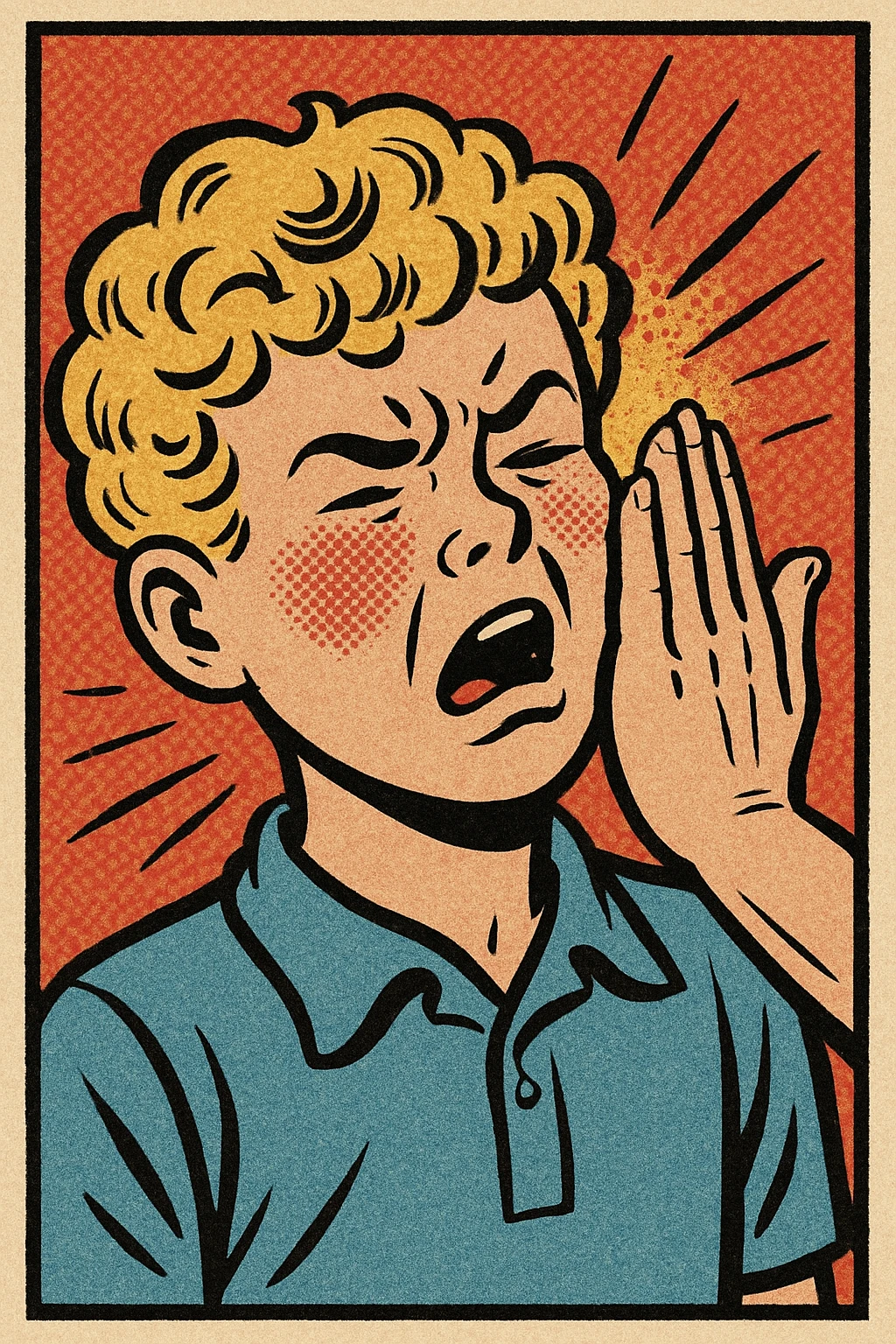 a blond white boy with curly hair being slapped, comic book style, dynamic motion lines emoji