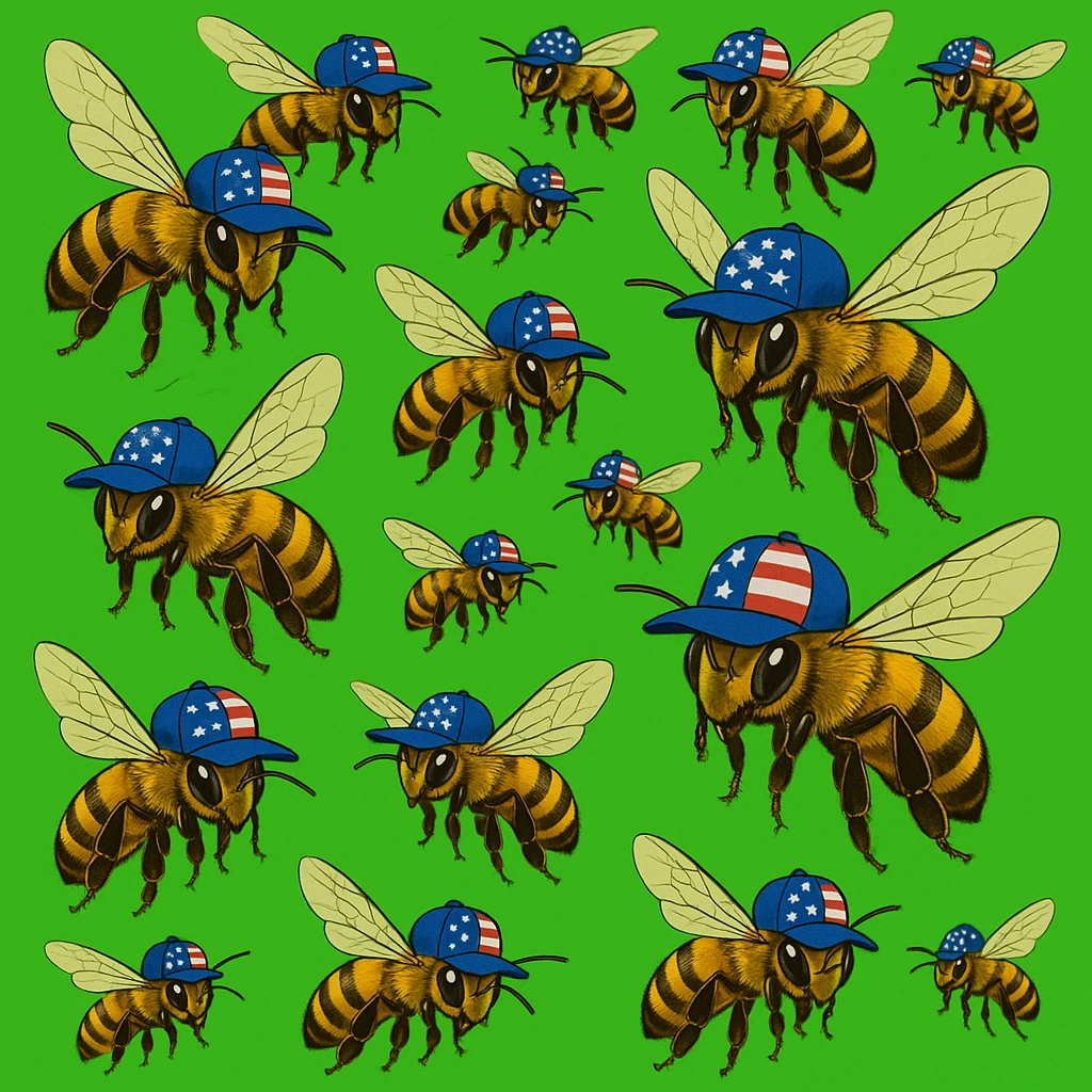 Сгенерируй рой пчел в кепках с флагом сша, на зеленом хромакей фоне emoji