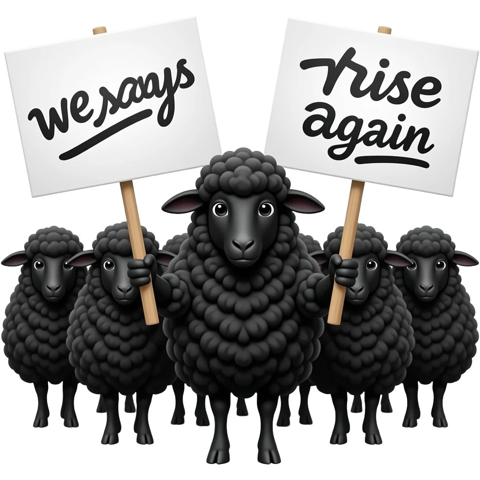 Black sheep with a sign saying we rise again. the whole sheep including the fur needs to be black. with a flock of black sheep behind the main sheep. emoji