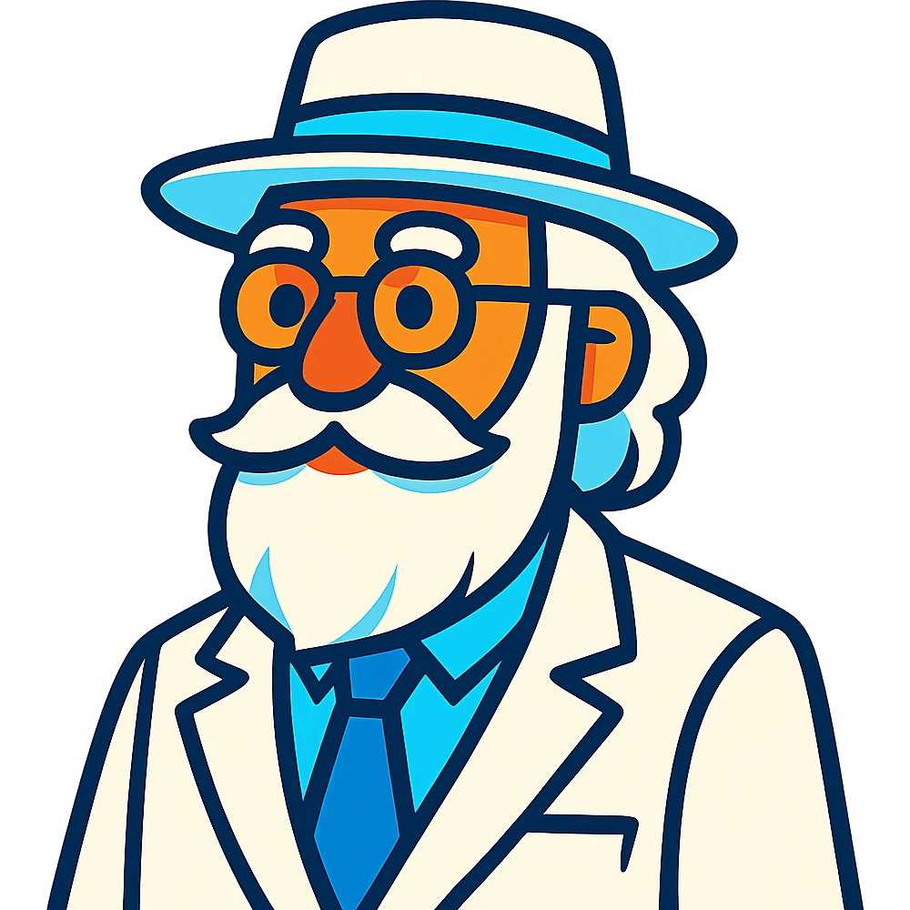 old man with a white hat, long white beard, white moustache, round glasses, white suit, white longish hair, vibrant toon style emoji