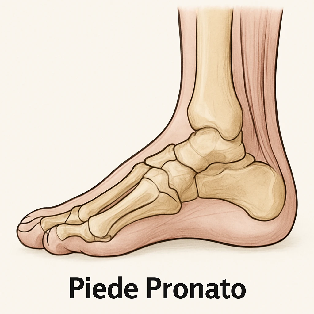 Anatomical illustration of a pronated foot, detailed bones and soft tissue, medical style, neutral background, side view, inspired by the reference image. emoji