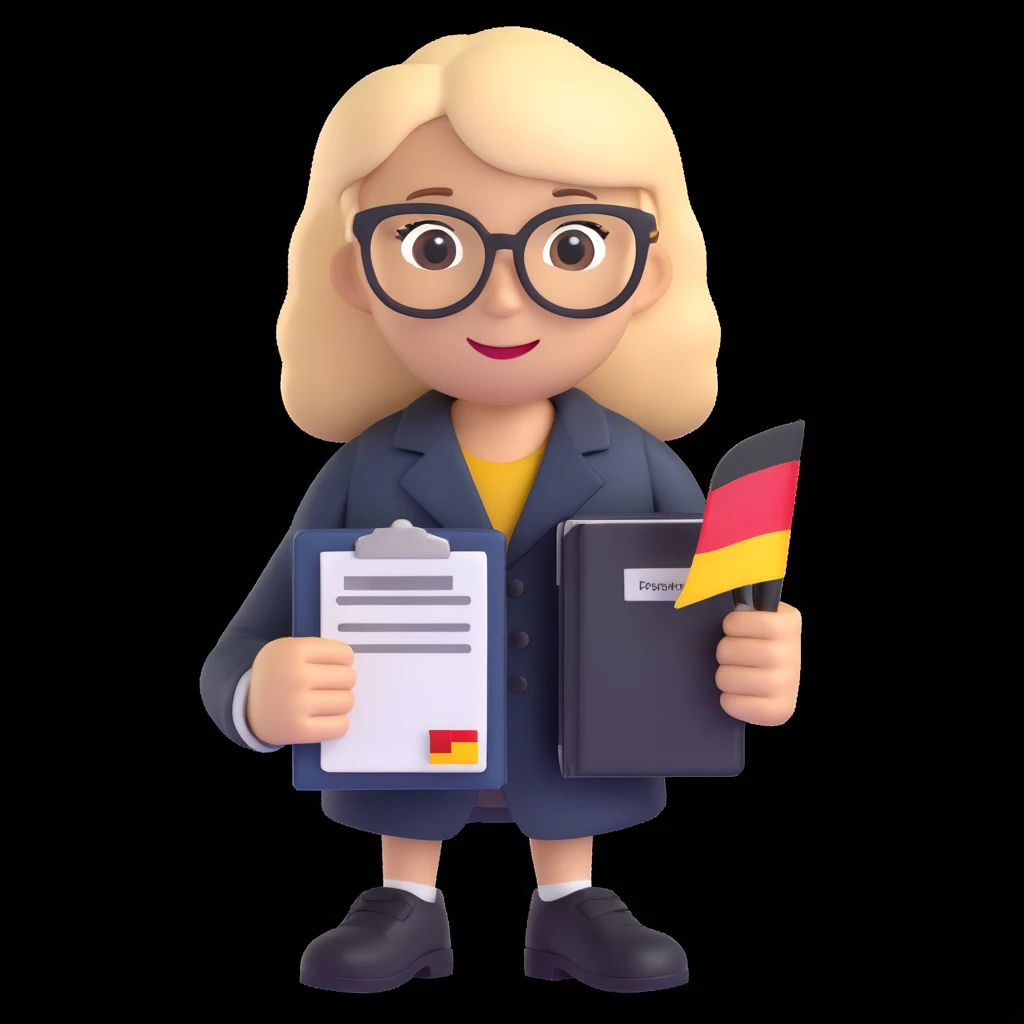 Add a background with the German flag. The universal character holds a passport or permanent residence document in hands. Maintain the 3D style. The character is neutral, friendly, and official. emoji