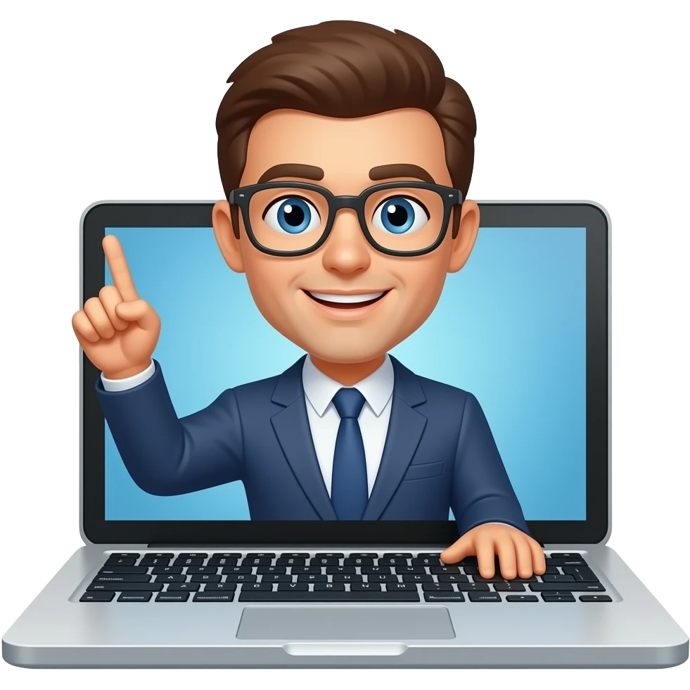 Online course, laptop screen with a person emerging teaching something emoji