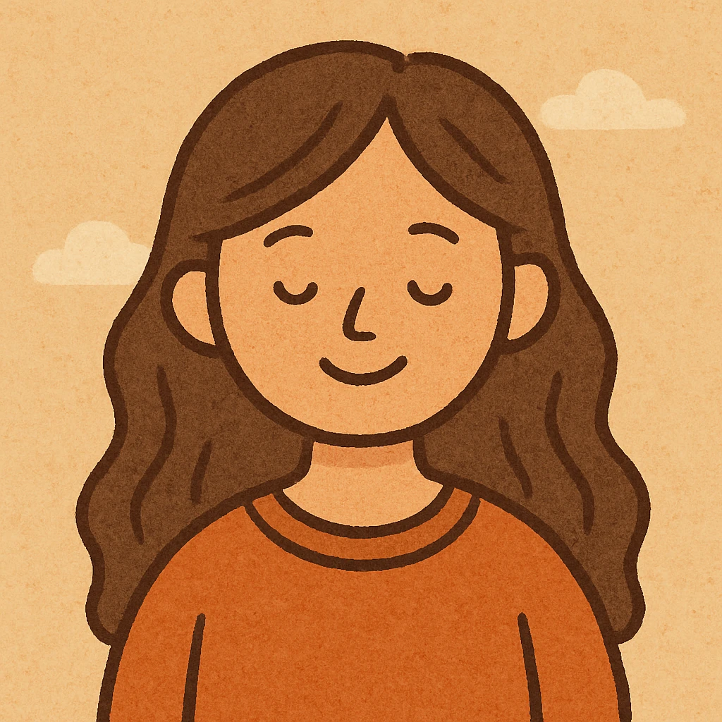 long haired brunette colored hair girl, smiling, head and shoulders, minimal background, cartoon style emoji