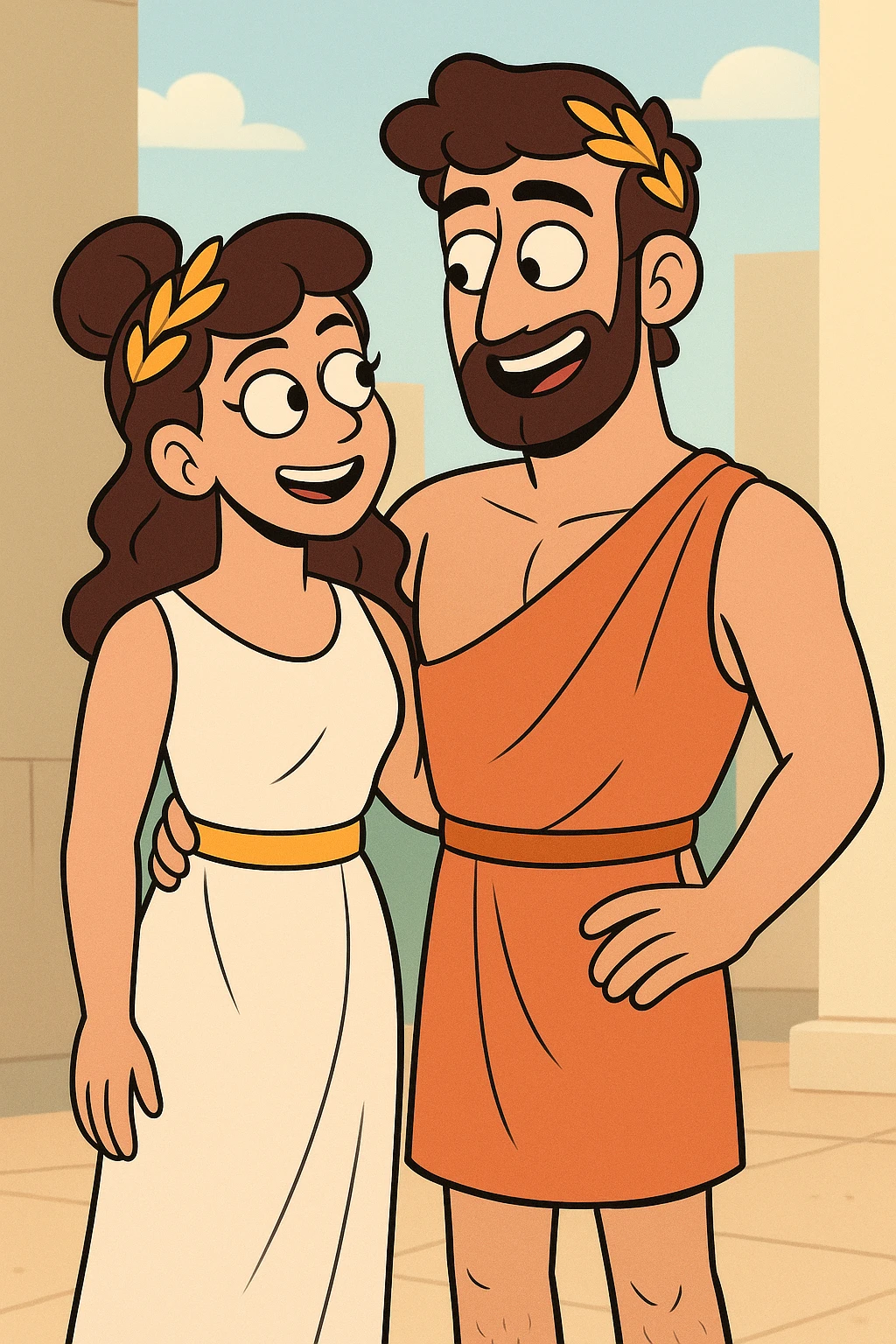 Greek couple, male and female, ages 20-35, in a modern cartoon style, vibrant, playful, contemporary emoji