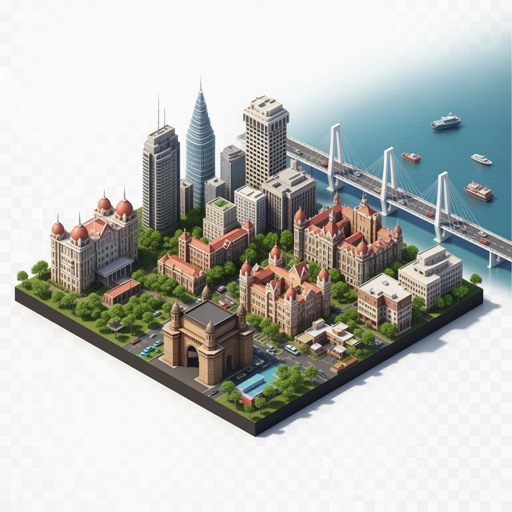 Isometric miniature of Mumbai, 3D miniature effect and Tilt Shift effect, no cartoonish look, transparent background. emoji