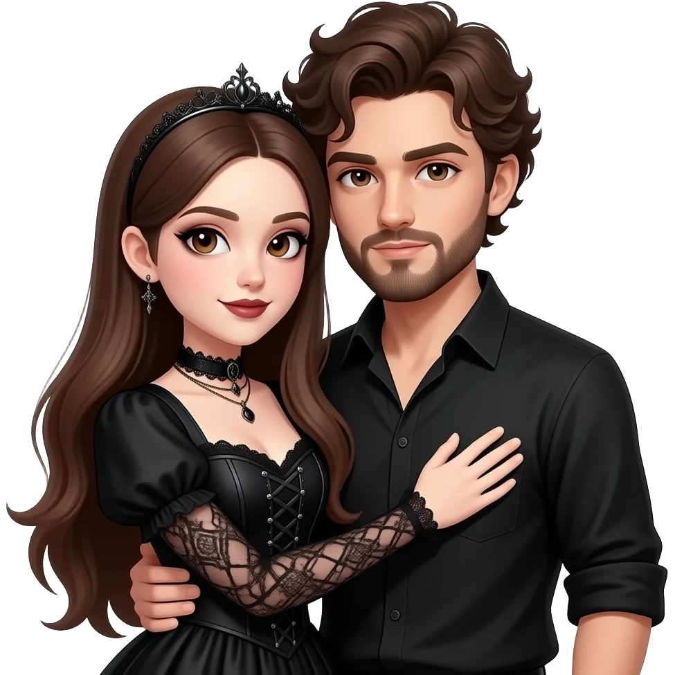 realistic pretty pale skin long straight brown hair girl brown eyes long face wearing gothic dress and gothic makeup HD and her man short brown curly hair and beard hugging emoji