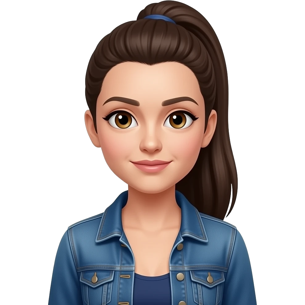 HT - hazel eyes, very pale white skin, widows peak, dark brown long straight hair, half up ponytail, dark blue dress, denim jacket emoji