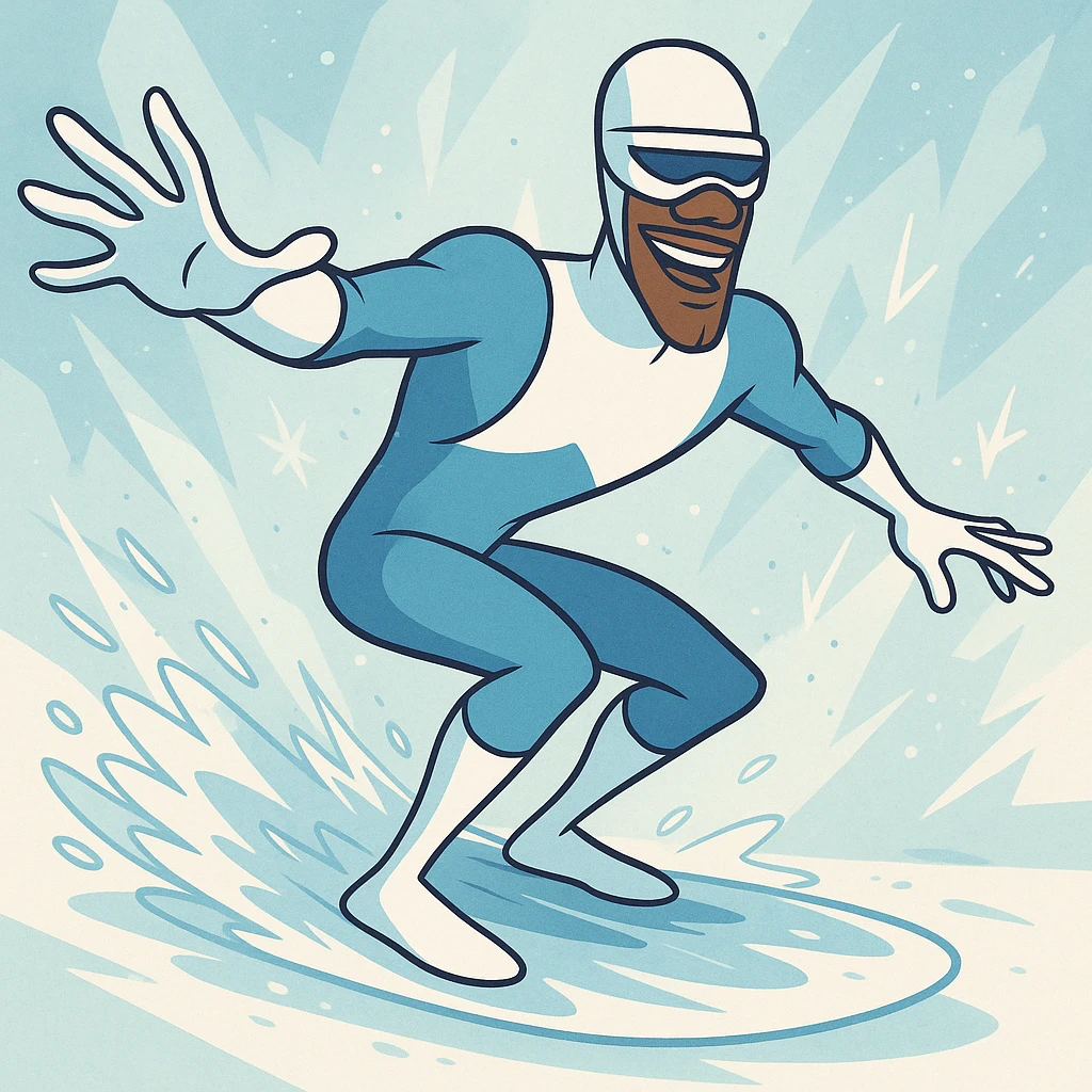 Frozone from The Incredibles, dynamic action, icy background, blue and white superhero suit, cartoon style emoji