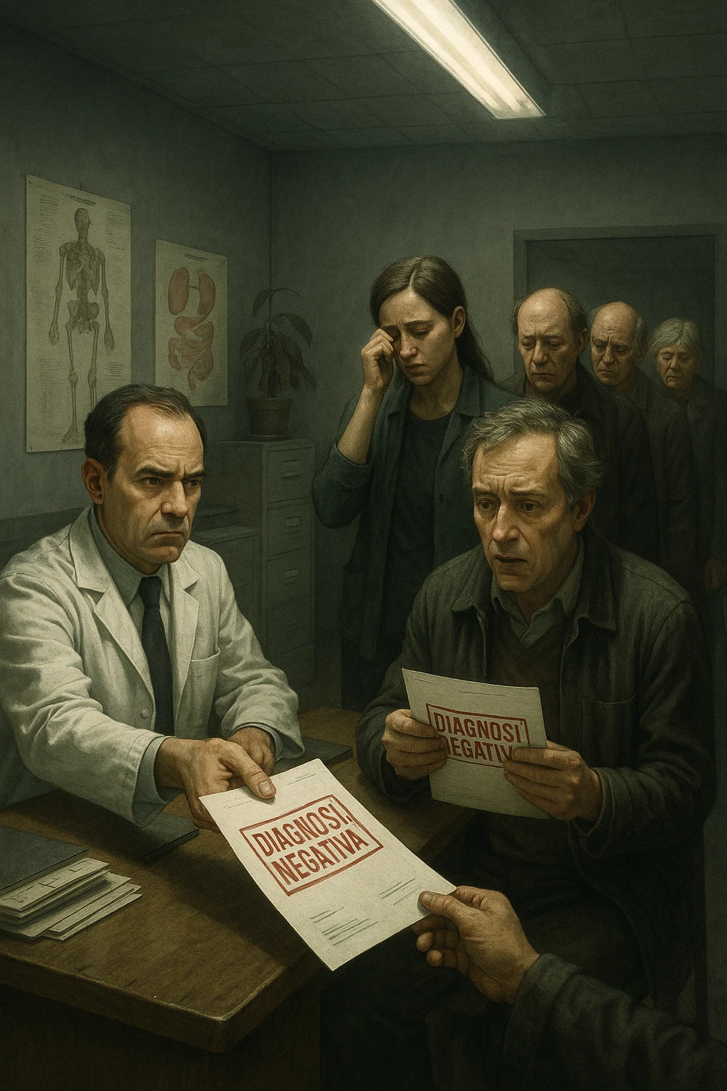 A realistic, cinematic illustration set in a dull, grey-toned medical office. A middle-aged male doctor in a white coat with a stern, cold expression is seated at his desk, handing out medical reports with large red ‘Negative Diagnosis’ stamps to each patient in line. The patients, of various ages and appearances, stand in a line, each looking increasingly sad, defeated, and demoralized as they receive their papers, with slumped shoulders and empty gazes. One young woman wipes away a tear, while a man stares at the paper in shock. The background shows medical posters, a faded plant, and harsh fluorescent lighting, emphasizing the cold, mechanical environment. The mood is heavy, illustrating how negative diagnoses delivered without empatia can deeply affect the mental health and morale of patients. The style is realistic, with subtle filmic grain, emphasizing emotional impact and the weight of medical words on people’s lives.in italiano emoji