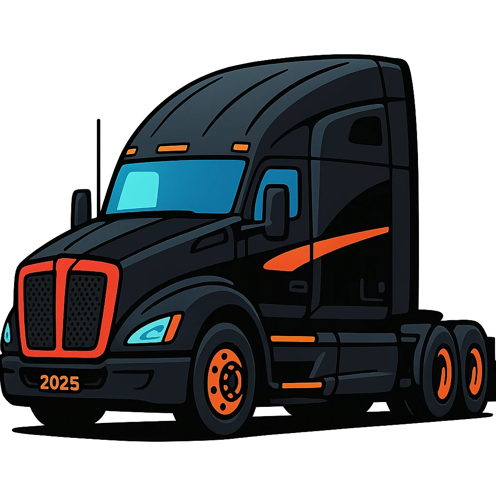2025 Kenworth T680, black, side view, stylized cartoon emoji