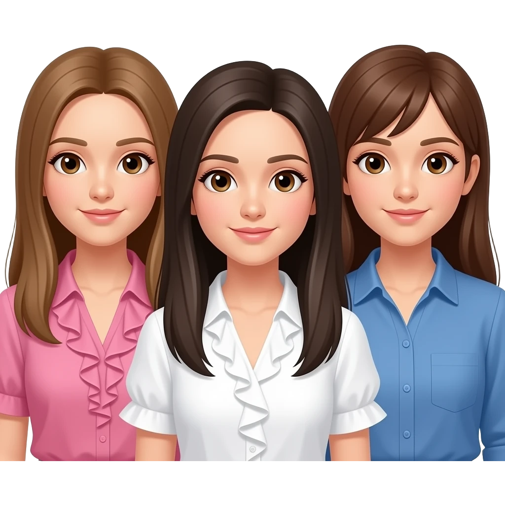 Tres amigas una castaña clarito pelo liso largo ojos marrones con una blusa de volantes rosa,una pelo moreno y liso largo ojos marrones con una blusa de volantes en los hombros blanca,una con pelo liso marrón ojos marrones y una blusa azul. que se les vea bien a las tres emoji
