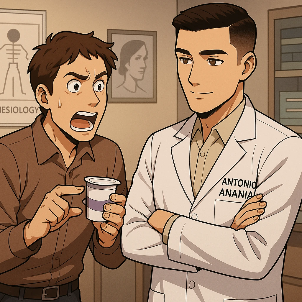 fai un webtoon manga a colori con questo stile, in cui un uomo chiede al kinesiologo con il camice bianco (fagli anche la scritta "ANTONIO ANANIA" SUL CAMICE, una domanda e il kinesiologo gli risponde, L'UOMO INDICA LO YOGURT CHE HA IN MANO ED è MOLTO ALLARMATO NEL FARE LA DOMANDA. non fare i fumetti però, fai solo in modo che sembri stiano parlando emoji