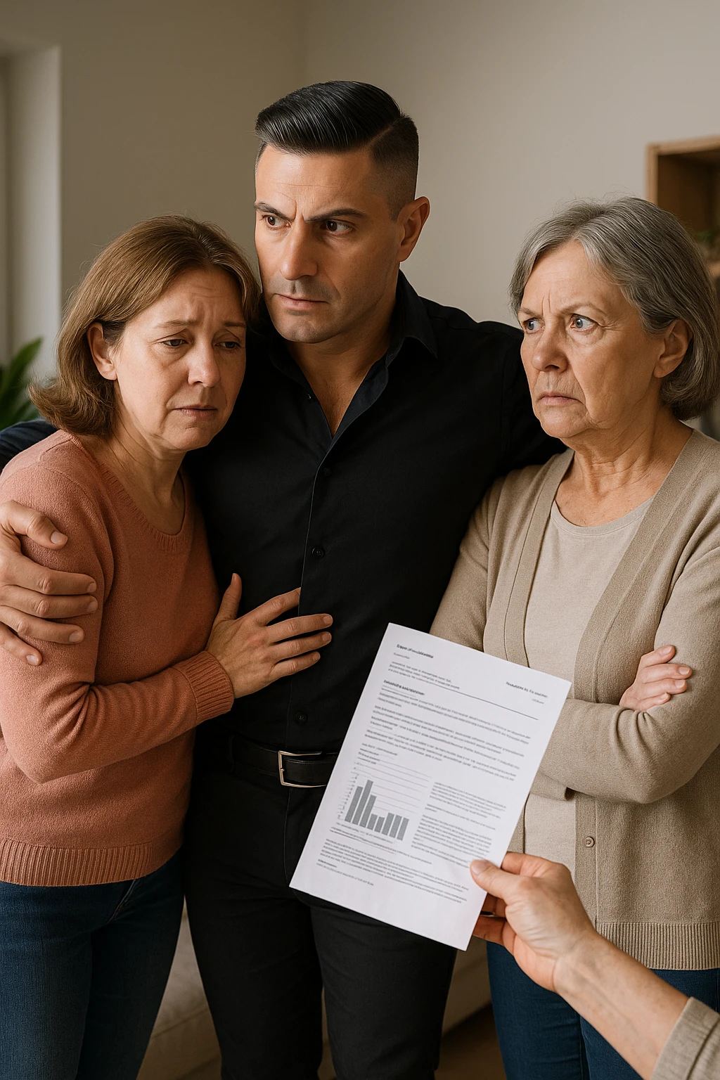 Middle-aged man standing between his menopausal wife and critical mother-in-law, body language shielding her, medical reports in hand proving her symptoms are real emoji