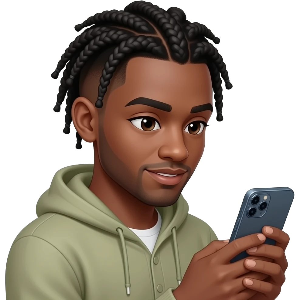 person scrolling through phone who is brown with cornrows and a low taper fade emoji