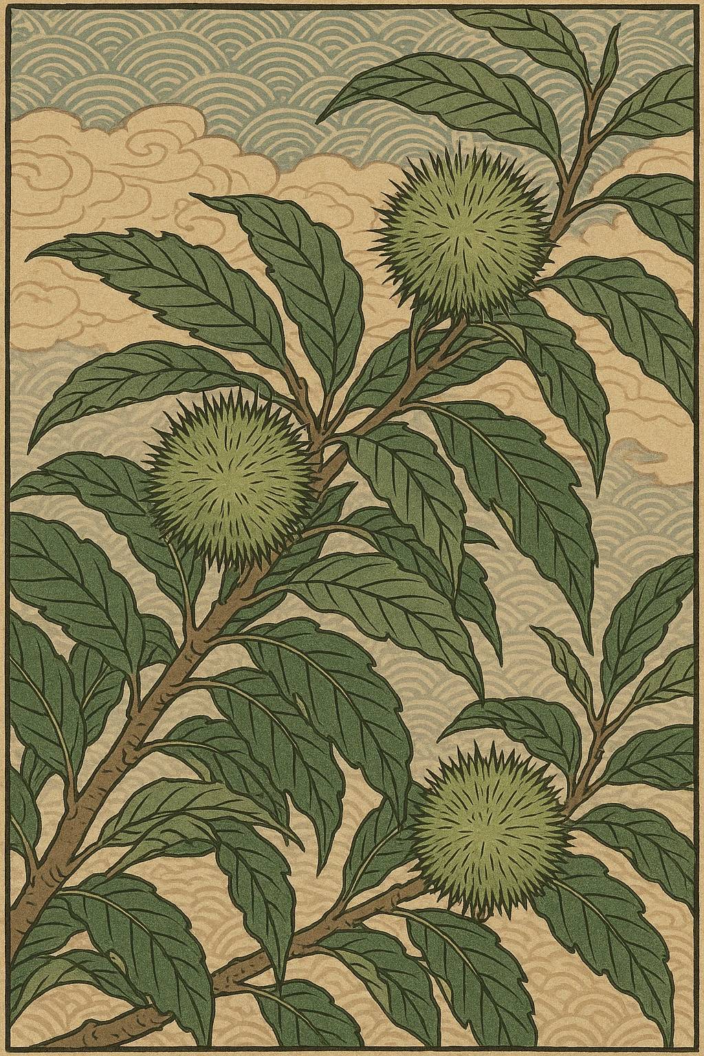 Chinese chestnut tree with spiky green burrs, ukiyo-e style emoji