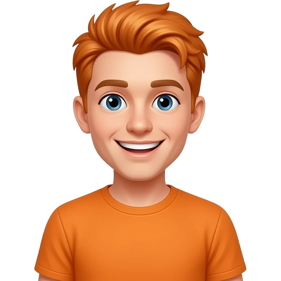 Joven masculino con cabello naranja sonrisa amplia playera naranja emoji