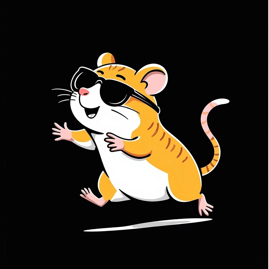 unique, colorful, hand-drawn, modern, realistic hamster with cool glasses, running energetically, solid black background, illustrated in Procreate on an iPad, not kiddish emoji