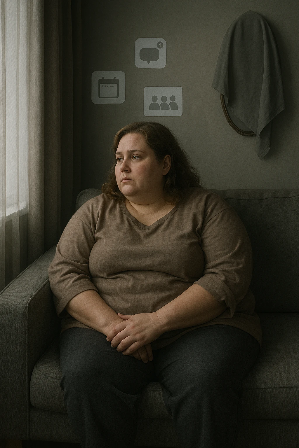 Donna tra i 30 e i 40 anni seduta sola su un divano, con espressione malinconica e corpo visibilmente appesantito. Indossa abiti larghi, avvolgenti, e guarda fuori dalla finestra mentre il telefono è spento o con notifiche ignorate accanto a lei. Sullo sfondo, si notano segnali di vita sociale assente: messaggi non letti, inviti ignorati, foto di gruppo a cui non partecipa. L’atmosfera è silenziosa, con luce grigia e ambiente spento. Intorno a lei, simboli di ritiro e insicurezza: tende chiuse, specchio coperto, postura chiusa. Stile realistico, tono delicato ed emotivo emoji
