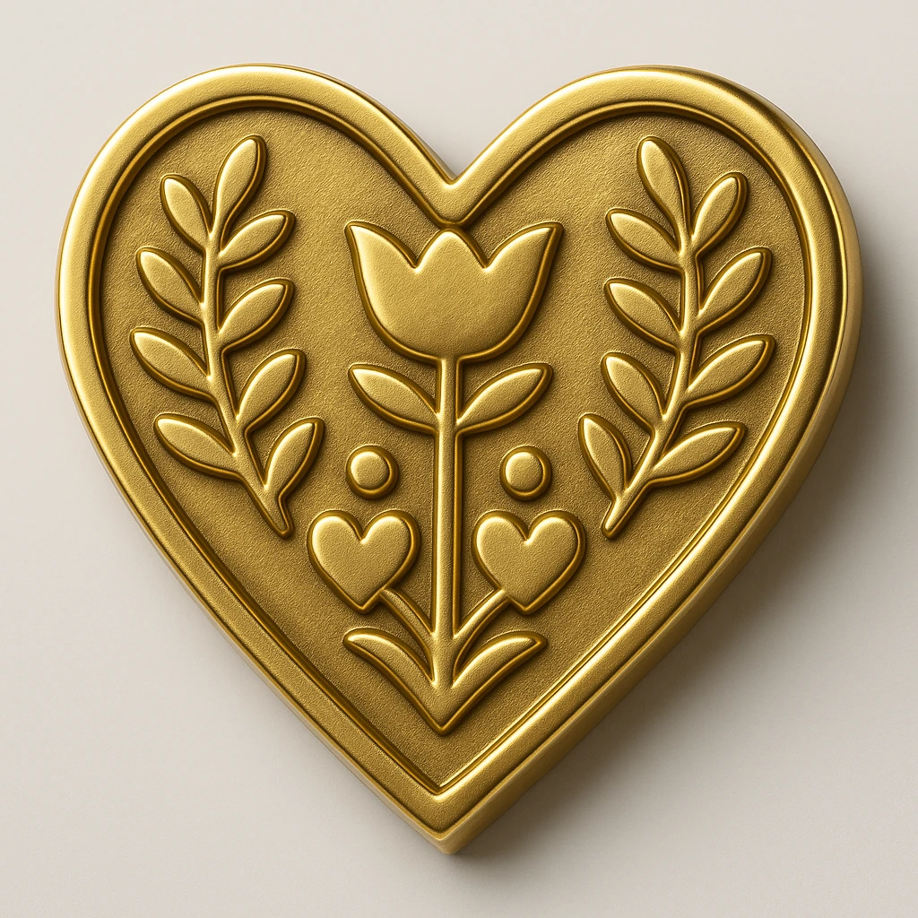 Emboss the gold border of the heart, making it appear raised and metallic while preserving the folk art style and colors. Keep the rest of the image unchanged. emoji