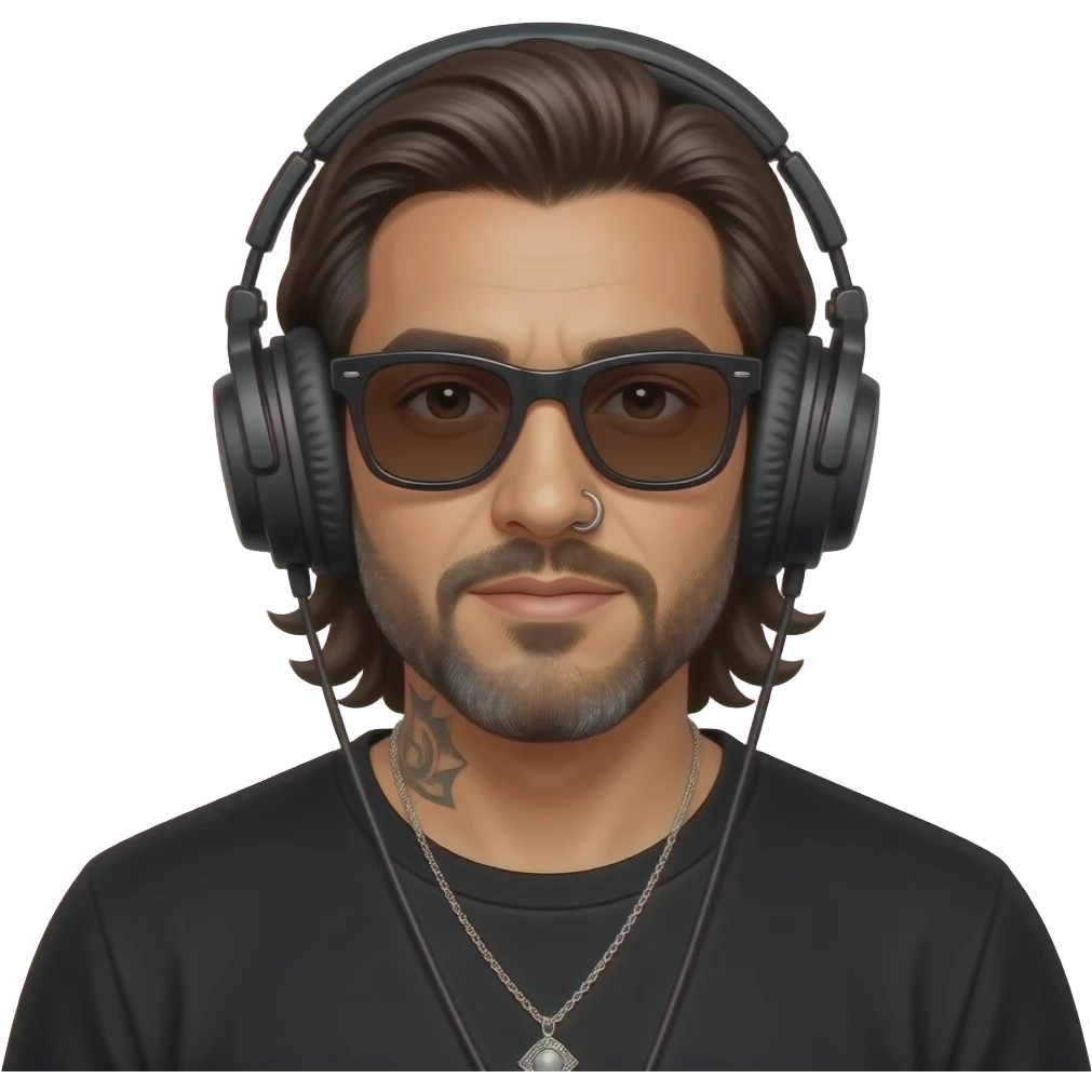 The handsome manly Latino podcast host with medium length hair, a long slightly graying beard and tattoos with his ears pierced 1 time each ear and a nose ring on the right side, dark brown eyes, wearing black, dark sunglasses, and jewelry, listening to music emoji