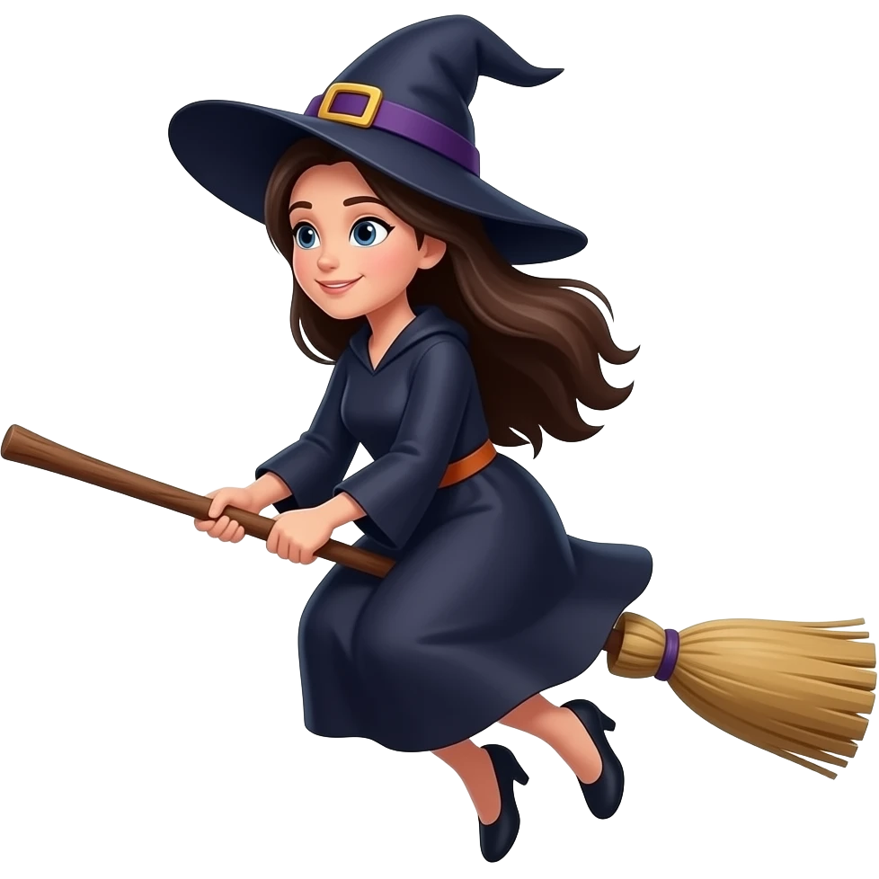 a witch flying on a broomstick, with fair skin and long dark hair emoji