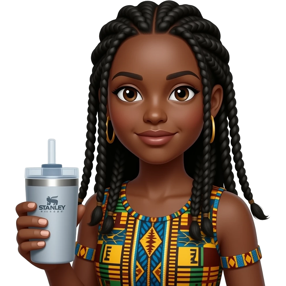 Black girl with fulani braids holding stanley emoji