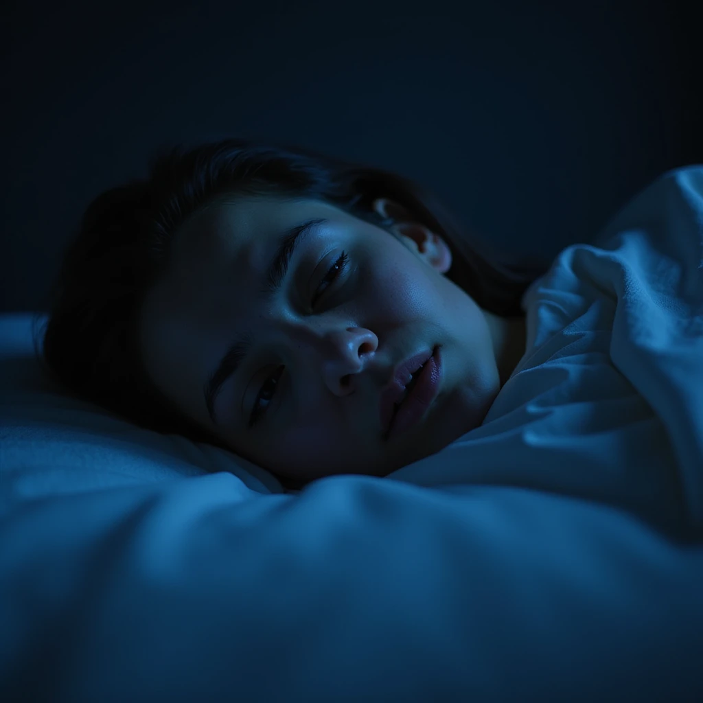 primo piano di una persona a letto con occhi spalancati, espressione esausta e preoccupata, tipica di chi soffre di insonnia, ambiente notturno, luce blu, atmosfera realistica, dettagli iperrealistici, qualità 4K emoji