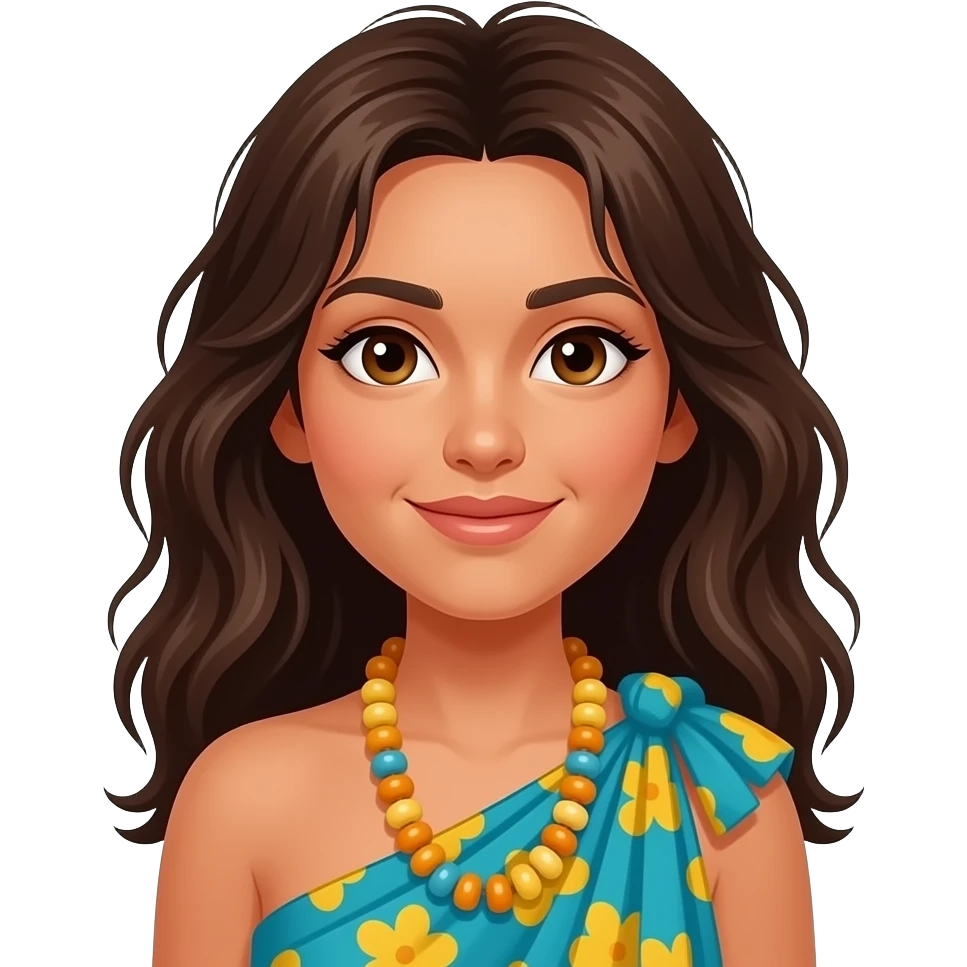 She has brown eyes and messy hair and put her a pareo emoji