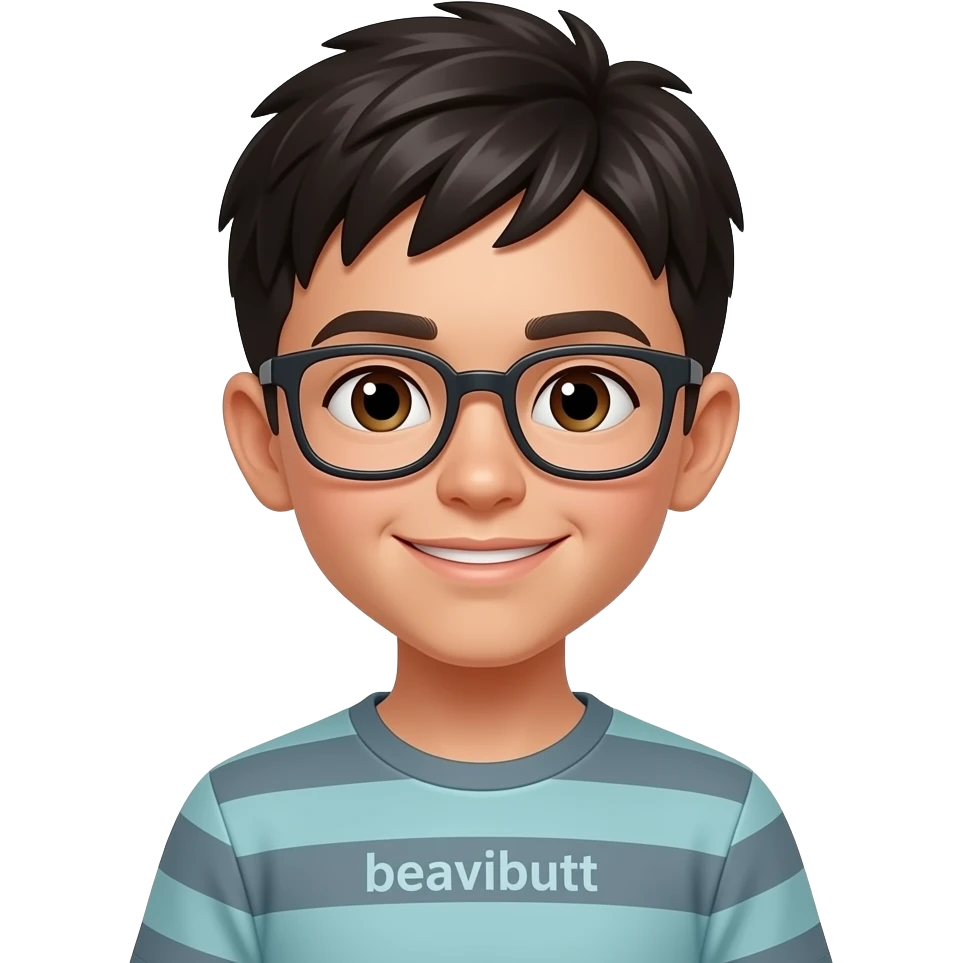 Not an adult a kid like eleven years and his shirt is beavibutt.  head and his skin light brown and hair color black and glasses emoji