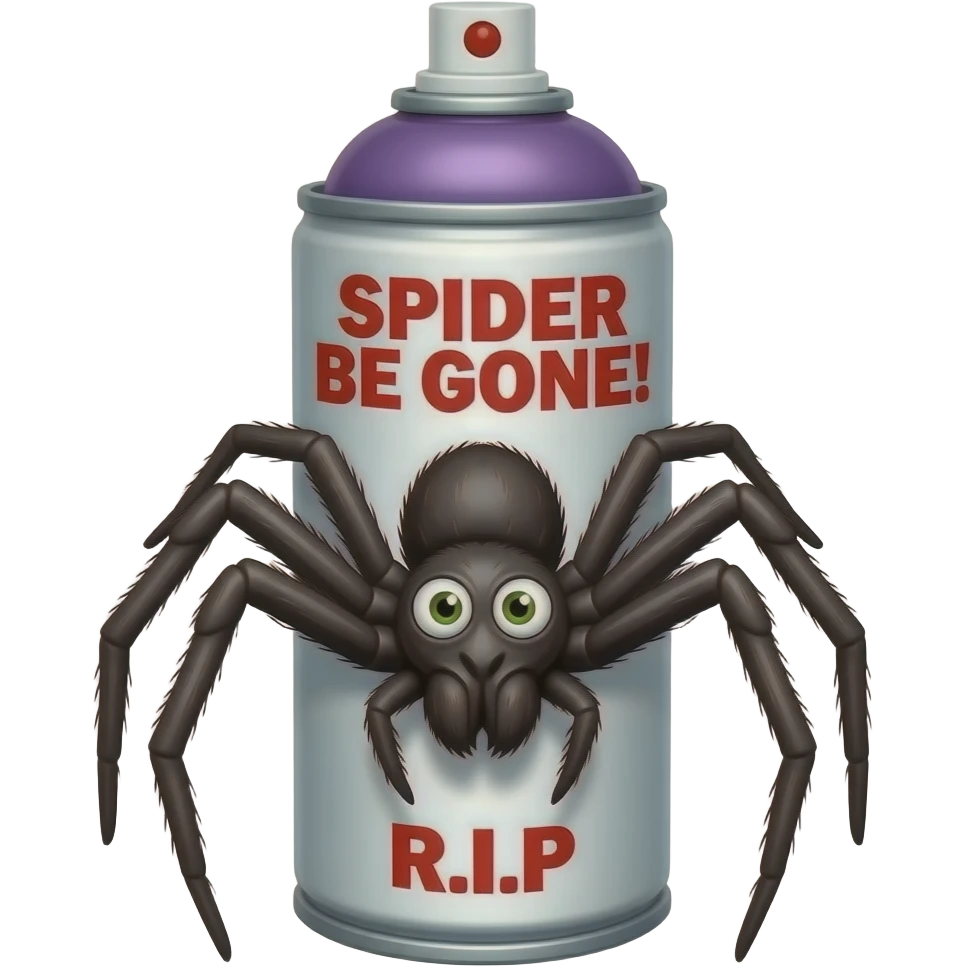 Spray paint can labeled SPIDER BE GONE! above a spider image & R.I.P. at bottom emoji