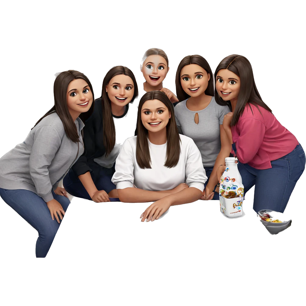 five cheerful girls at table emoji