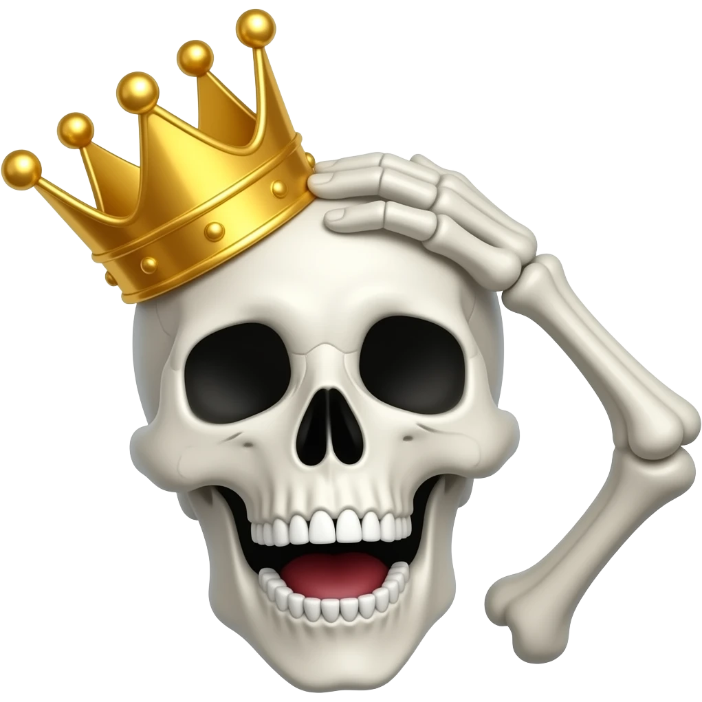 A skull with a crown and hand on the head and mouth open like shock cartoon type emoji