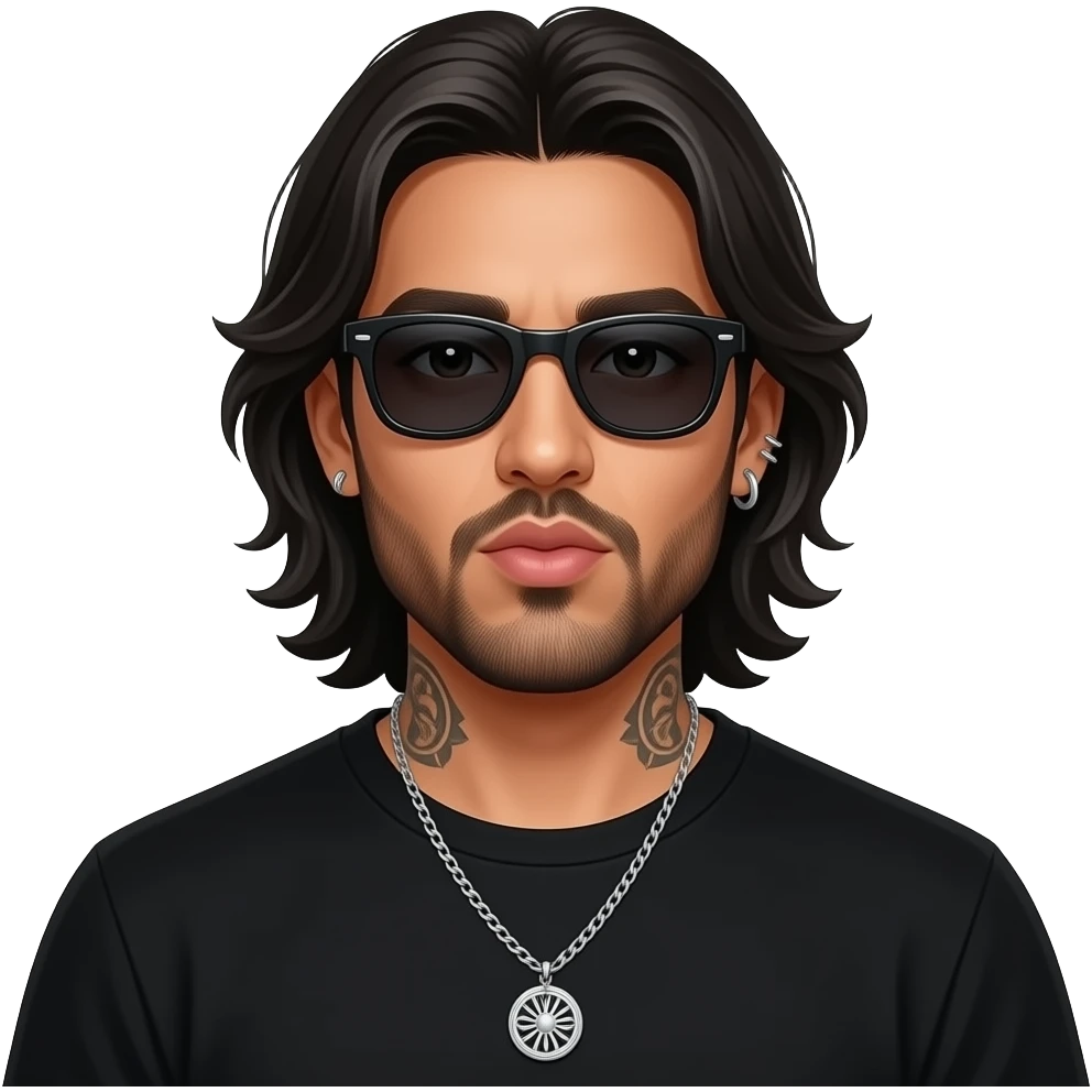 handsome, manly Latino podcast host with black colored eyes wearing black with silver jewelry, with medium length hair, a very long, lightly graying beard and tattoos, his ear pierced and right nostril as well, dark sunglasses. Blows kiss emoji
