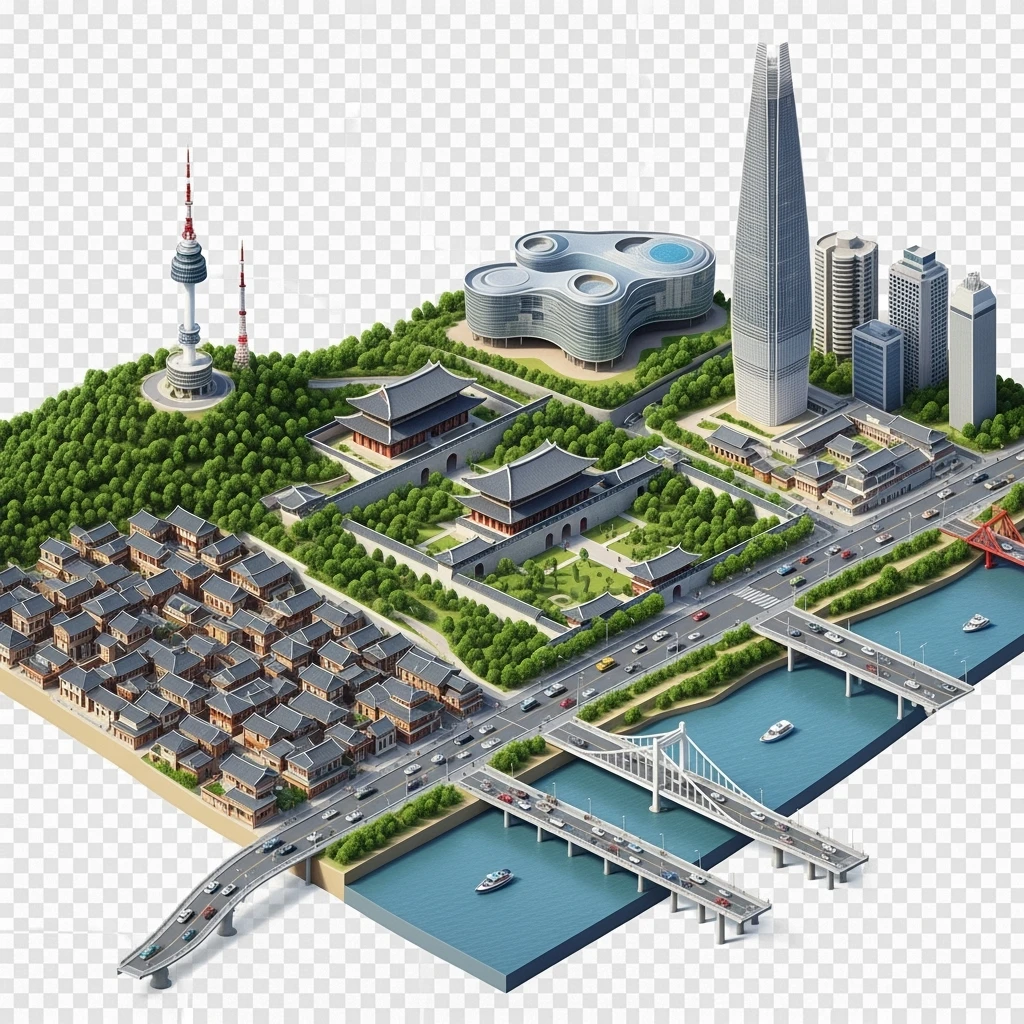 Isometric diorama of Seoul typical houses, Namsan Seoul Tower, Gyeongbokgung Palace, Lotte World Tower, Dongdaemun Design Plaza, and Han River bridges, 3D miniature effect and Tilt Shift effect, no cartoonish look, transparent background. emoji