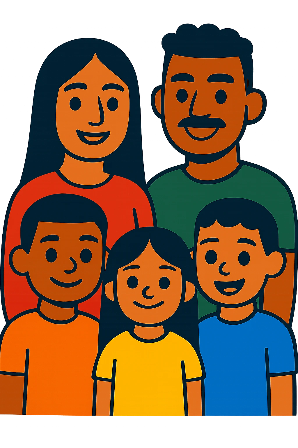 Hispanic family of five, parents in back and three kids in front with girl in the middle, all facing forward, mom with long straight dark hair, dad with short black curly fade, 9-year-old boy with short hair, 6-year-old girl with long straight hair, 6-year-old boy with short hair emoji
