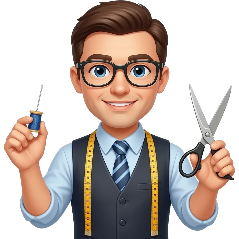 Elinde iğne ipliği mezurası ve makası olan, gözlüklü birTerzi emoji