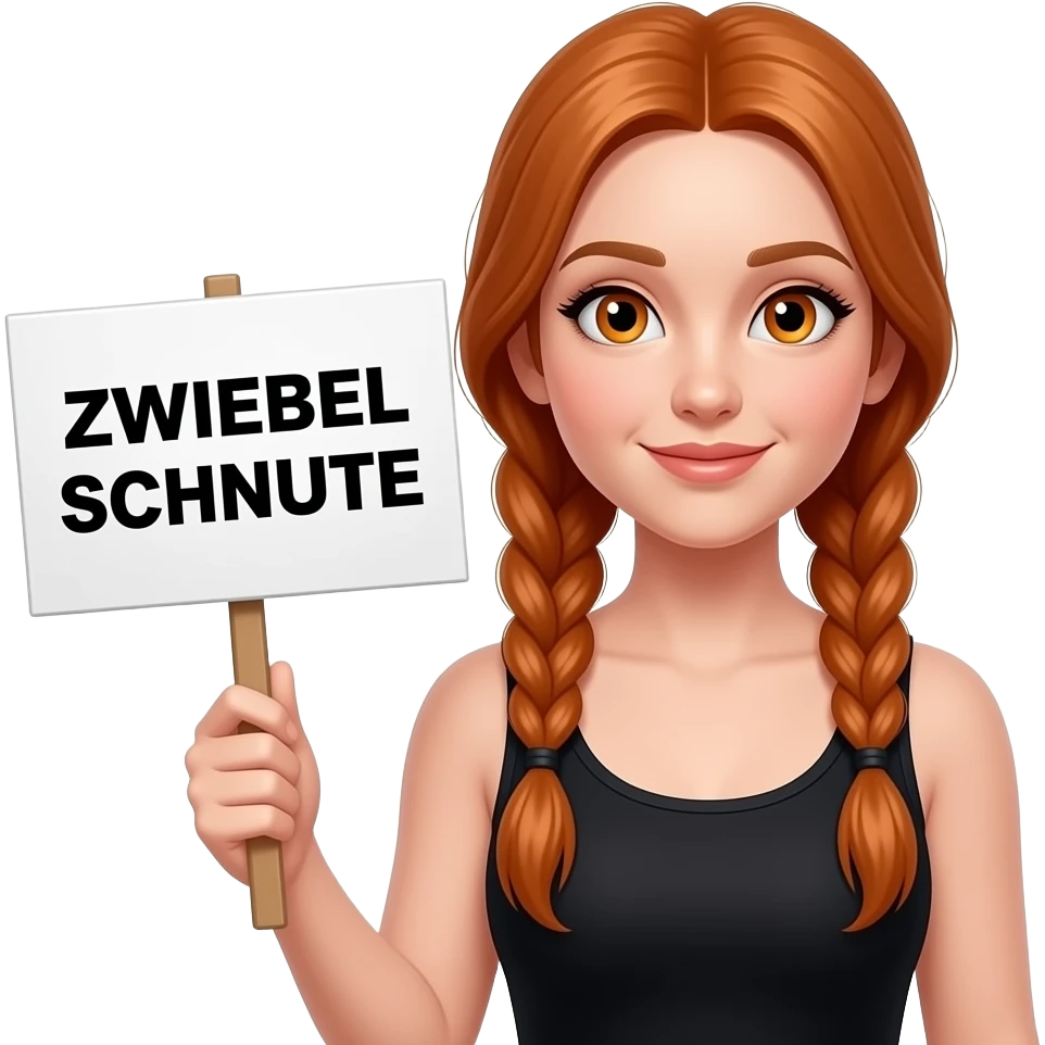 sexy girl with long ginger braids and ginger eyes wearing a black tanktop is holding a white sign with ZWIEBEL SCHNUTE written on it emoji