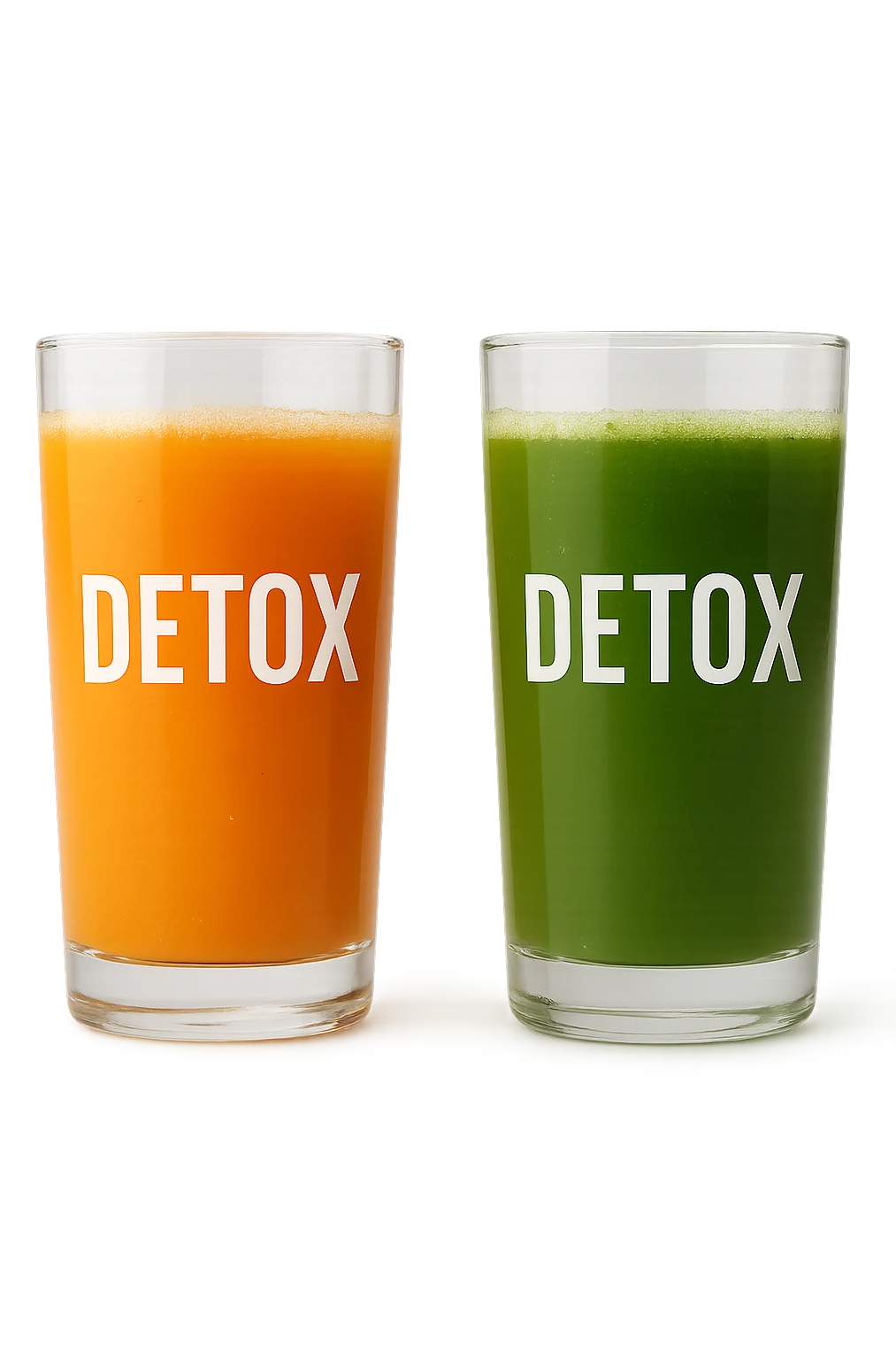DUE BICCHIERI DI SUCCO DI FRUTTA, UNO ARANCIONE E UNO VERDE, CON LA SCRITTA DETOX SUL BICCHIERE,  realistici emoji
