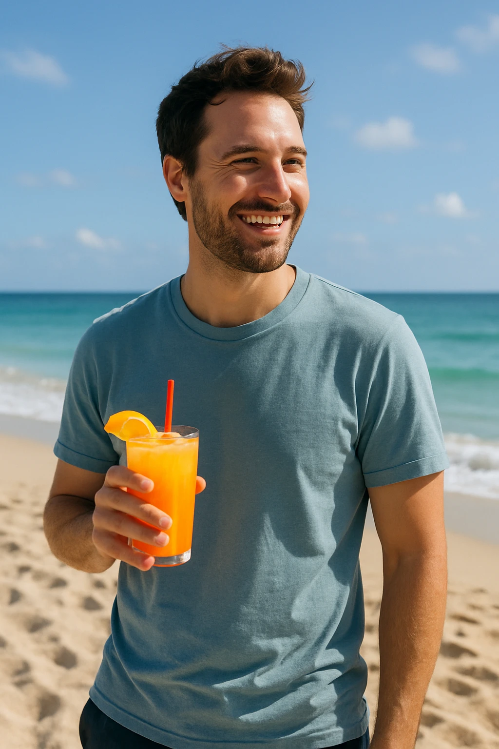 take this picture of a man and make it  beach photo with drink emoji