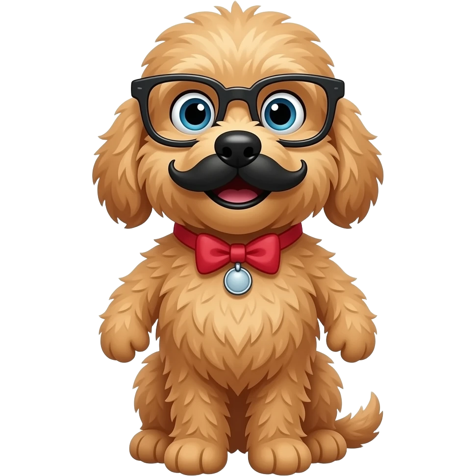 A cavoodle that looks a bit like a muppetwith funny glasses and a moustache emoji