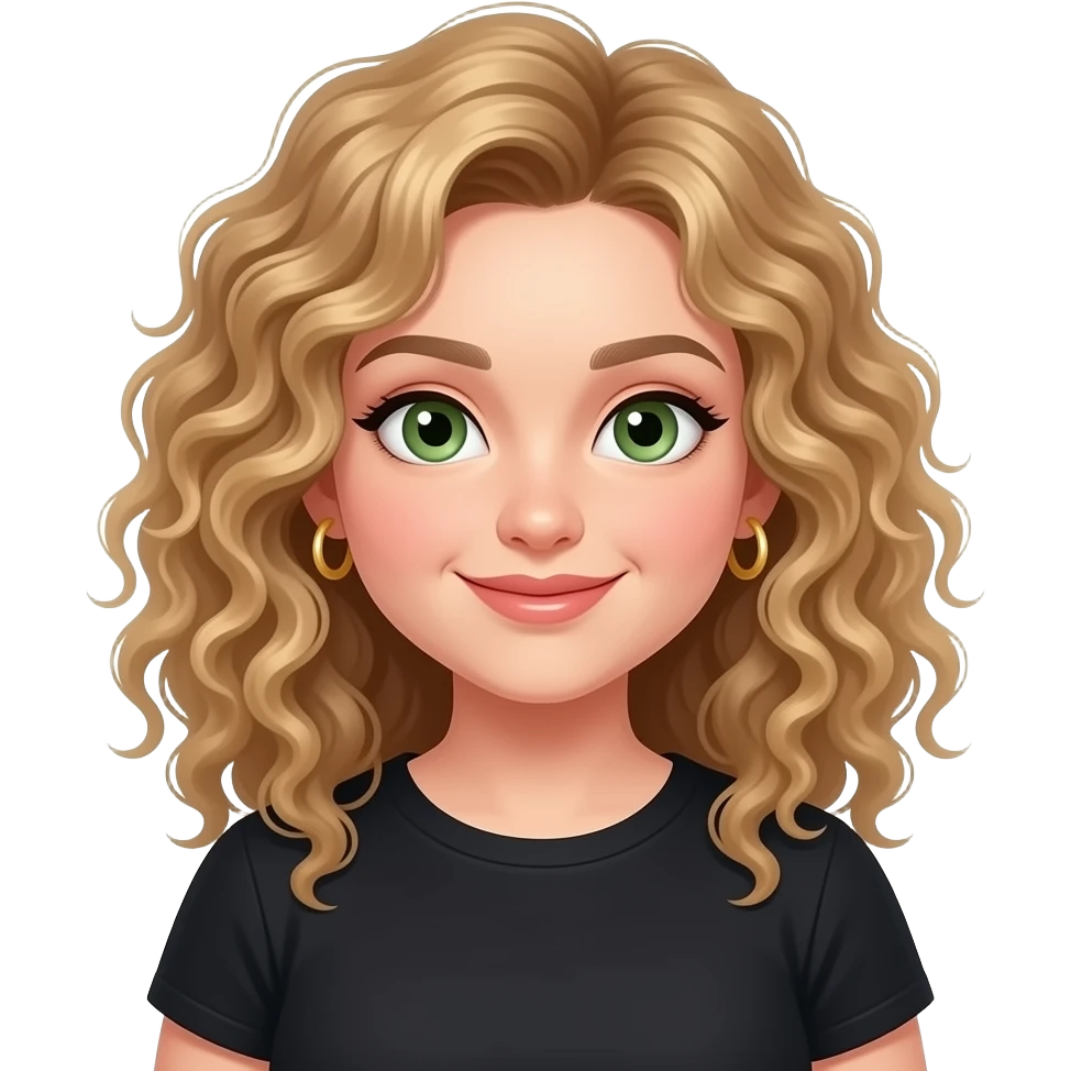 Create a fair girl with super curly hair and sage green eyes and curly dirty blonde hair, and give her gold small hoop earrings, curlier hair, and give her some lip gloss, and give her a black t shirt, and make her smile a little bit, and make her a little bit chubby emoji