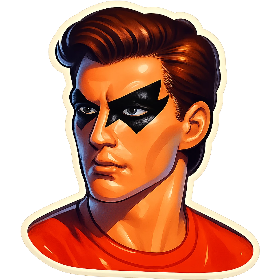 masculine subject with bold, angular black eye makeup, retro sticker style, subject inside image borders, high quality emoji